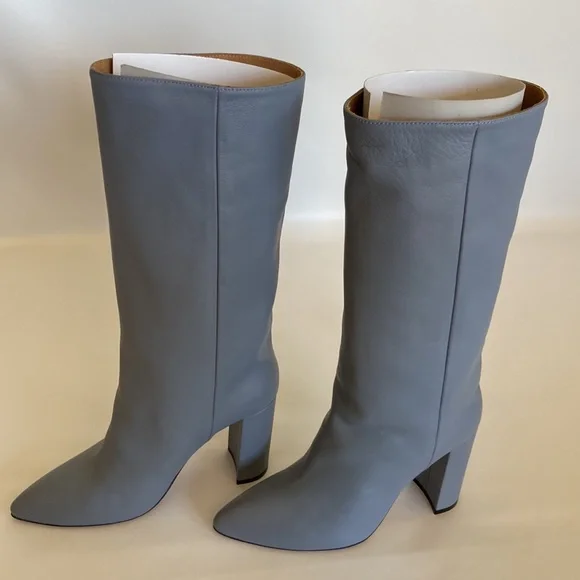 Toral Gray Leather Boots Slip On Block Heel Sophia Fenoa NIB